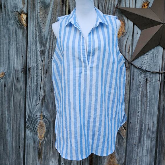 Striped Sleeveless Top J. CREW Factory Size Large Shirt Blue White Linen Blend - Picture 1 of 8